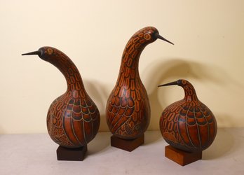 Group Of 3 Folk Art Painted Gourd Geese Figurines
