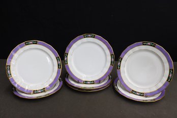 Group Lot Of 7 Tresseman & Vogt Limoges Purple Band Porcelain Plates For Ovington Bros NY