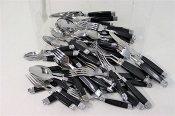 Group Lot Of Black Handle Stainless Steel Flatware