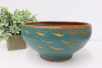 Teal And Marigold Stoneware Footed Bowl