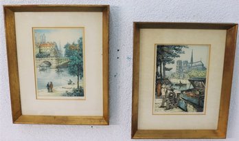 Two Signed And Framed Cityscape Multicolor Etching Prints