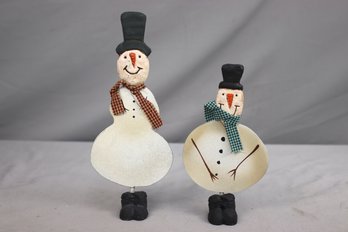 Two Folk Craft Flat-body Snowman Figurines