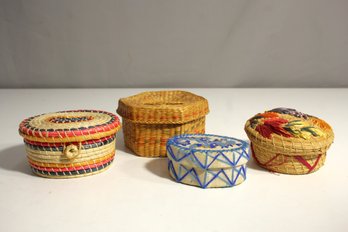 Lot Of 4 Vintage Handwoven Baskets  Colorful, Embroidered, And Decorative