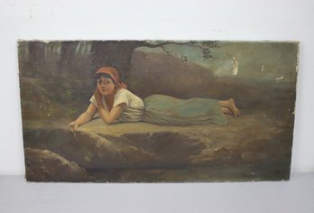 Antique Oil On Canvas Young Lady Prone On Rocks, Dated 1893 & Signed With Monogram