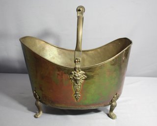 Vintage Footed Brass Coal Scuttle With Lion Head Accents