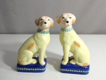 Pair Of 8' Ceramic Dog Figurines  Yellow And White With Blue Bases