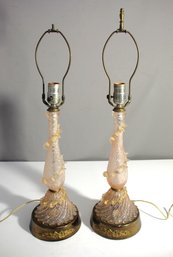 Pair Of Vintage Murano Glass Table Lamps -Mid-Century With Pulegoso Glass And Aventurine Gold Flecked Ruffle