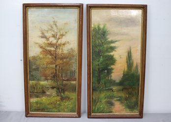 Vintage Diptych Of Summer Trees & Autumn Trees - Two Oil On Canvas