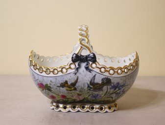 Vintage Porcelain Basket Flowers And Gold Ringed Chads & Braided Handle