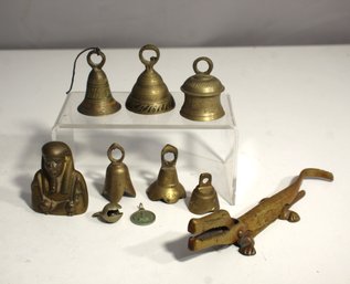 Lot Of Vintage Brass Bells And Figurines  Includes Alligator Nutcracker And Egyptian-Style Figure