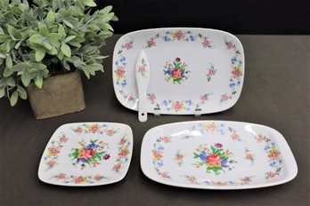Group Of 3 Floral Decorated Ceramic Serving Plates With Matching Knife
