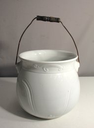 Vintage White Ceramic Bucket With Metal Handle, Embossed Details