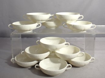 Set Of 12 Vintage Cream-Colored Double-Handle Footed Soup Bowls