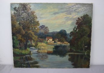 Vintage Edmund Vrey Signed Oil On Canvas Boat And Barns From The River