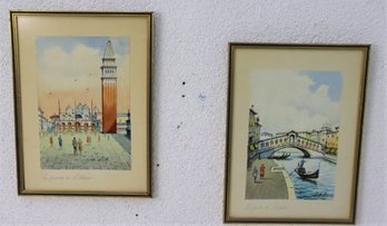 Two Signed Watercolors - Scenes Of Venice  Ponte Rialto & Piazza San Marco,  Signed A.D. Bassi