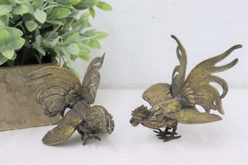 Pair Of Brass-tone Fighting Cockerel Figurines