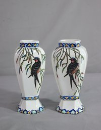 Pair Of  Antique Hand Painted Bird And Bamboo Vase   8'H