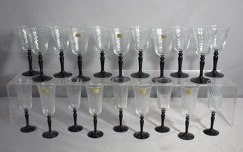 Set Of 20 Durand France Luminarc Onyx Swirl Black Stem Glasses