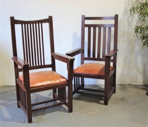 Two Early 20th Century Mission Style Oak Arm Chairs - 1 Straight Top Rail And 1 Bowed