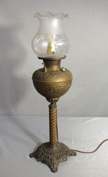 Antique Ornate Brass Oil Lamp With Frosted Glass Shade