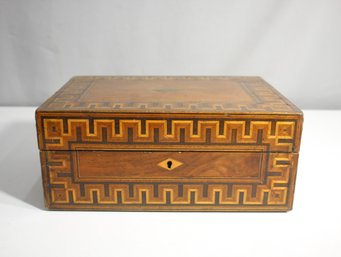 Antique Wooden Writing Box With Inlaid Greek Key Design And Brass Accents