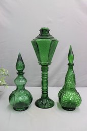 Group Of 2 Vintage Green Glass Bottles AND 1 Green Glass Whale Oil Lamp