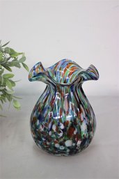 Confetti Swirl Multi-colored Hand Blown Art Glass Ruffled Edge Vase