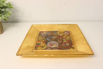 Polychrome Indo-Persian Style Painted Glass Plate With Gold Leaf Border