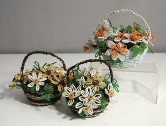 Group Lot Of Three(3) Beaded Baskets And Beaded Flowers