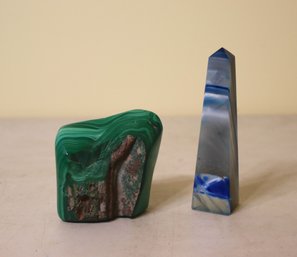 Polished Malachite Freeform Stone &  Small Natural Blue Agate  Obelisk