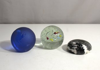 Set Of 3 Vintage Glass Paperweights  World Globe, Art Glass, And Marble