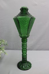 Group Of 2 Vintage Green Glass Bottles AND 1 Green Glass Whale Oil Lamp