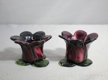 Set Of 2 Art Glass Tea Light Votive Candle Holders With Purple Flowers And Green Leaves
