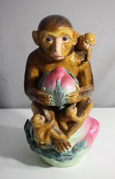 15' Handcrafted Monkey Figurine With Peach And Baby Monkeys