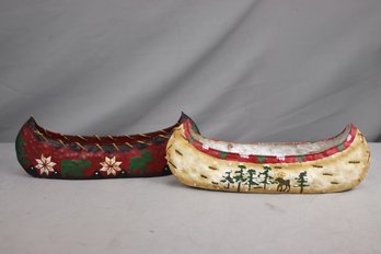 Two Decorative Adirondack Christmas Style Glazed Stoneware Canoes