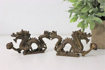 Pair Of Small Vintage Chinese Solid Brass Dragon With Pearl In Claw Figurines