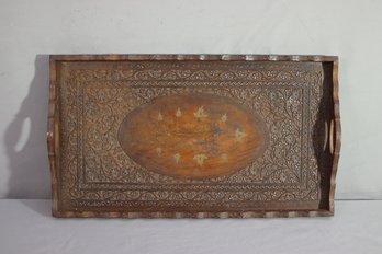 Vintage Hand Carved Ornate Floral Design Large Serving Tray India Inlayed Brass  21'x 12'