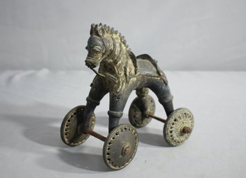 Antique India Metal Temple Toy Horse On Wheels