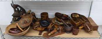 Shelf Lot Of Vintage Wood Tchotchkes, Implements, Vessels, Etc