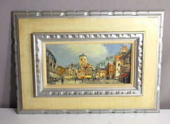 Signed Cityscape Oil Painting In Ornate Silver Frame