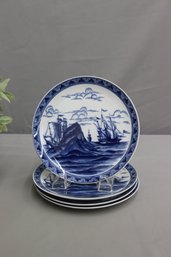 4 Plate, Blue & White Ships