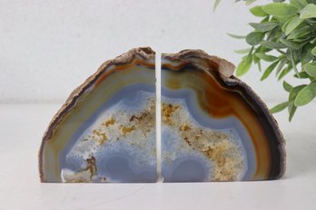 Magnificent Book-Matched Natural Agate Banded Blue Geode  Bookends
