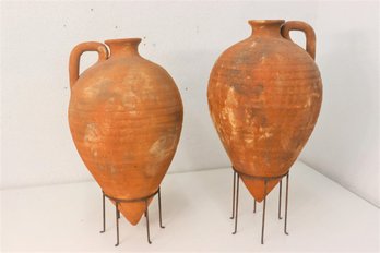 Two Antique Terra Cotta Amphorae With Stands