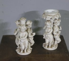 Two Neoclassical  Porcelain  Triple Putti Lamp Parts - See Photos For Condition