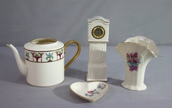 Group Lot Of Lenox -tea Pot ,heart Dish ,spring Vase , Quartz Grandfather Clock