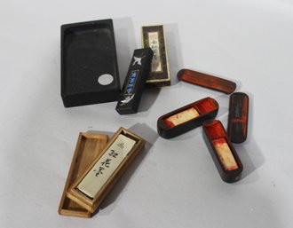 Collection Of Vintage Chinese Ink Sticks & Seals With Wooden Storage Boxes