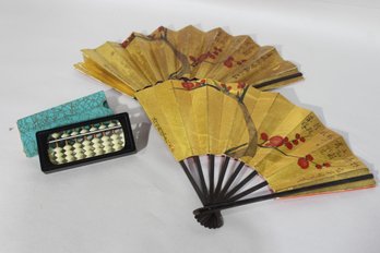 Japanese Vintage Folding Fan And Abacus Set  JAL Fan & Intricate Abacus In Box