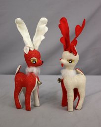 Pair Of Vintage Plush & Sparkly Mini Reindeer Figurines
