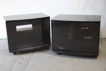Two Wheeled Low Media Cabinets With Glass Double Doors