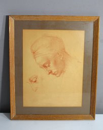 Framed Vintage Study Of A Head - Red Chalk Drawing